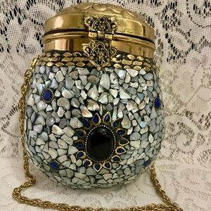 Vintage, Brass Metal Purse-Crossbody with Abalone Tiles 8in x 7in x 4in